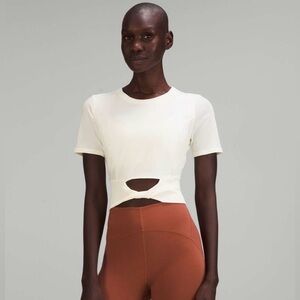 Lululemon Cropped Cotton Ribbed-Band T-Shirt Lemon Sorbet Cutout Top Size 14